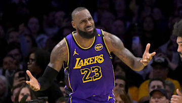 Jan 17, 2025; Los Angeles, California, USA;  Los Angeles Lakers forward LeBron James (23) reacts after a foul call against the Brooklyn Nets at Crypto.com Arena. Mandatory Credit: Jayne Kamin-Oncea-Imagn Images