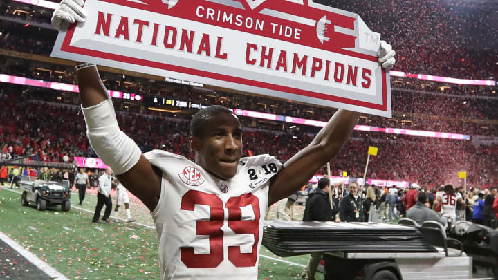 Jan 8, 2018; Atlanta, GA, USA; Alabama Crimson Tide cornerback Levi Wallace (39) celebrates a victory against the Georgia Bulldogs in the 2018 CFP national championship college football game at Mercedes-Benz Stadium.