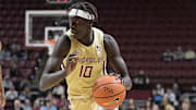 Jan 29, 2025; Tallahassee, Florida, USA; Florida State Seminoles forward Taylor Bol Bowen (10) drives to the net during the first half against the Virginia Tech Hokies at Donald L. Tucker Center. Mandatory Credit: Melina Myers-Imagn Images