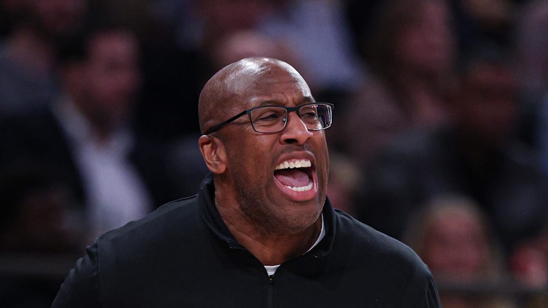 Jan 7, 2026; New York, New York, USA; New York Knicks head coach Mike Brown reacts during the first half against the LA Clippers at Madison Square Garden. Mandatory Credit: Vincent Carchietta-Imagn Images