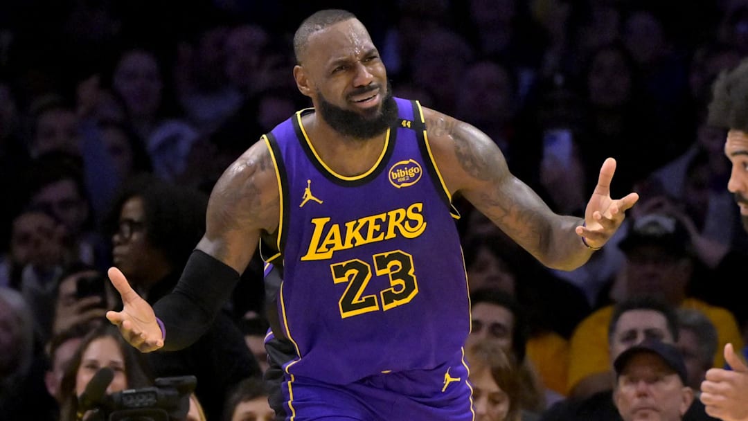 Jan 17, 2025; Los Angeles, California, USA; Los Angeles Lakers forward LeBron James (23) reacts after a foul call against the Brooklyn Nets at Crypto.com Arena. Mandatory Credit: Jayne Kamin-Oncea-Imagn Images Jan 17, 2025; Los Angeles, California, USA; Los Angeles Lakers forward LeBron James (23) reacts after a foul call against the Brooklyn Nets at Crypto.com Arena. Mandatory Credit: Jayne Kamin-Oncea-Imagn Images