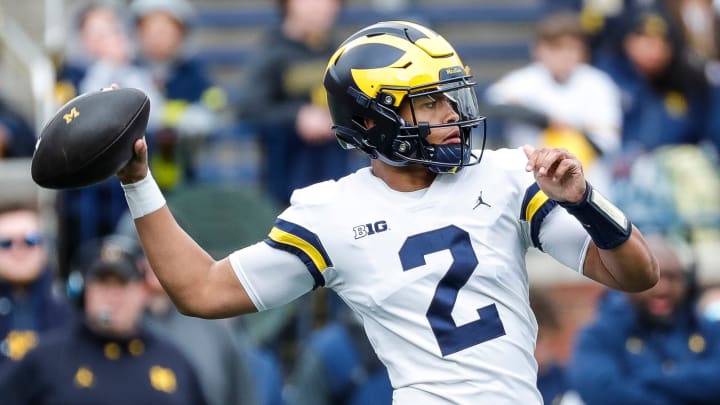 Maize Team quarterbacks Jadyn Davis makes a pass against Blue Team during the first half of spring game at Michigan Stadium in Ann Arbor on Saturday, April 20, 2024.