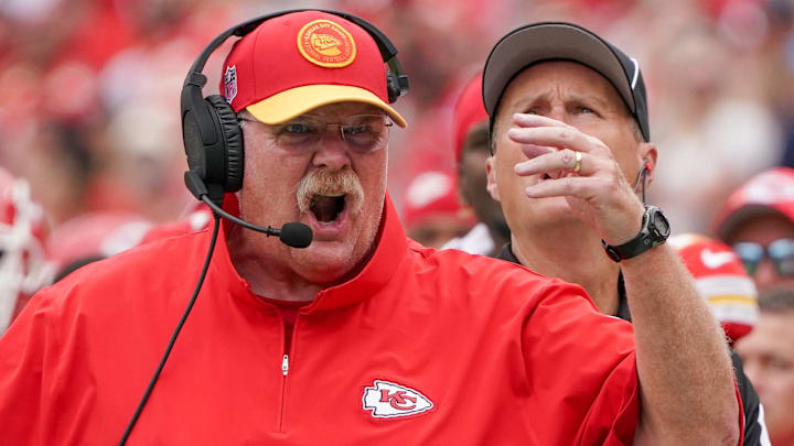 Kansas City Chiefs head coach Andy Reid reacts after a no-call against the Cleveland Browns during the first half at GEHA Field at Arrowhead Stadium.