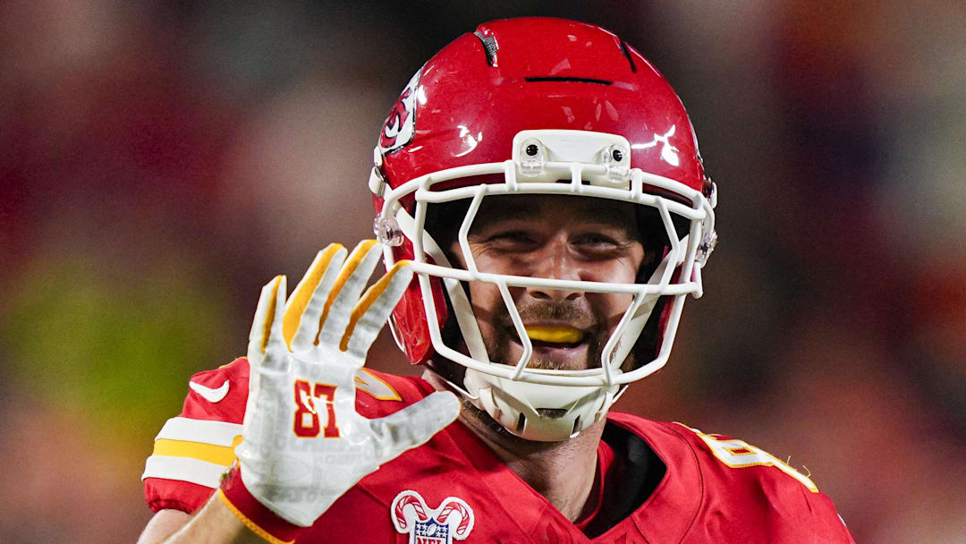 Dec 25, 2025; Kansas City, Missouri, USA; Kansas City Chiefs tight end Travis Kelce (87) reacts after making a catch for a first down during the first half against the Denver Broncos at GEHA Field at Arrowhead Stadium. Mandatory Credit: Jay Biggerstaff-Imagn Images
