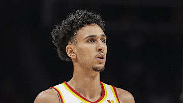 Apr 13, 2025; Atlanta, Georgia, USA; Atlanta Hawks forward Zaccharie Risacher (10) shown on the court during the first half at State Farm Arena. Mandatory Credit: Dale Zanine-Imagn Images
