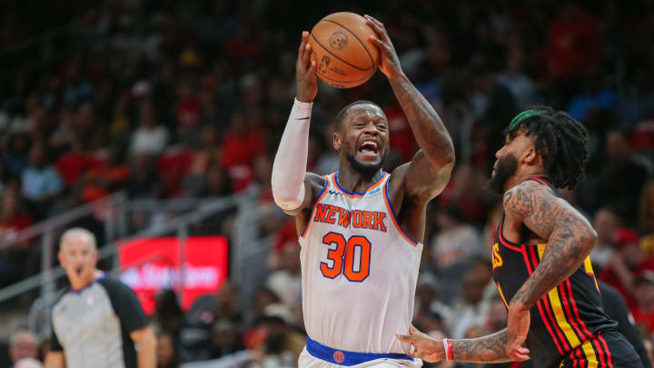 Oct 27, 2023; Atlanta, Georgia, USA; New York Knicks forward Julius Randle (30) moves against Atlanta Hawks forward Saddiq Bey (41) in the second quarter at State Farm Arena. Mandatory Credit: Brett Davis-USA TODAY Sports