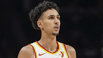 Zaccharie Risacher #10 of the Atlanta Hawks looks on against the Orlando Magic.