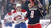 Nov 27, 2024; Columbus, Ohio, USA; Columbus Blue Jackets defenseman Zach Werenski (8) and Montreal Canadiens right wing Brendan Gallagher (11) fight during the second period at Nationwide Arena. Mandatory Credit: Russell LaBounty-Imagn Images