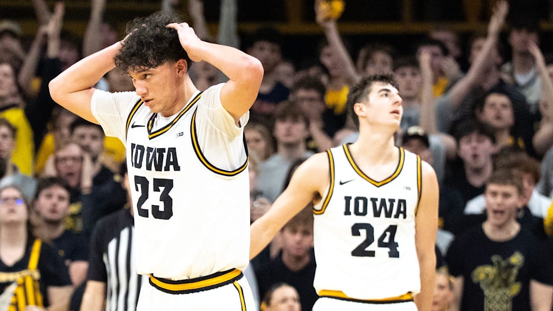 Iowa guard Isaia Howard (23) reacts March 5, 2026 during a Big Ten basketball game against the Michigan Wolverines at Carver-Hawkeye Arena in Iowa City, Iowa.