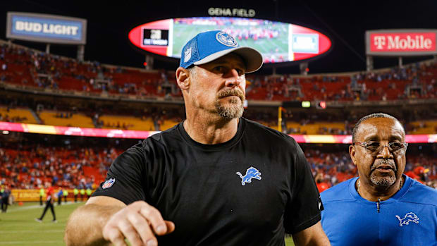 Detroit Lions head coach Dan Campbell walks off the field after 21-20 win over Kansas City Chiefs  