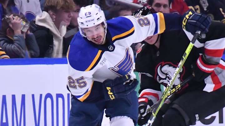 Nov 23, 2022; Buffalo, New York, USA; St. Louis Blues center Jordan Kyrou (25)brings the puck up the ice against the Buffalo Sabres in the first period at KeyBank Center. Mandatory Credit: Mark Konezny-Imagn Images