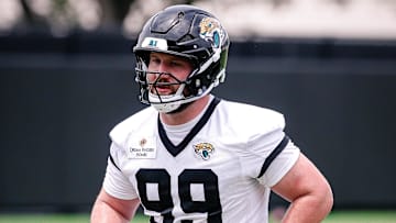 May 10, 2025; Jacksonville, FL, USA; Jacksonville Jaguars defensive lineman James Carpenter (99) participates in a drill during rookie minicamp at Miller Electric Center. Mandatory Credit: Travis Register-Imagn Images