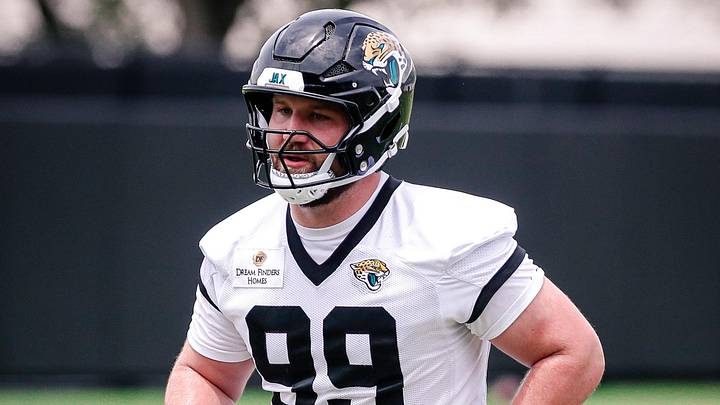 May 10, 2025; Jacksonville, FL, USA; Jacksonville Jaguars defensive lineman James Carpenter (99) participates in a drill during rookie minicamp at Miller Electric Center. Mandatory Credit: Travis Register-Imagn Images
