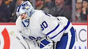 Jan 8, 2023; Philadelphia, Pennsylvania, USA; Toronto Maple Leafs goaltender Matt Murray (30) against the Philadelphia Flyers at Wells Fargo Center. Mandatory Credit: Eric Hartline-Imagn Images