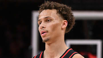 Dyson Daniels #5 of the Atlanta Hawks looks on against the Charlotte Hornets.