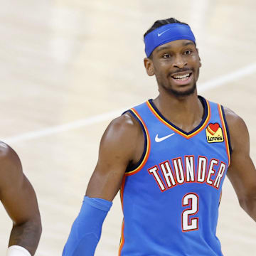 Jun 22, 2025; Oklahoma City, Oklahoma, USA; Oklahoma City Thunder guard Shai Gilgeous-Alexander (2) reacts after a play against the Indiana Pacers during the second half of game seven of the 2025 NBA Finals at Paycom Center. Mandatory Credit: Alonzo Adams-Imagn Images