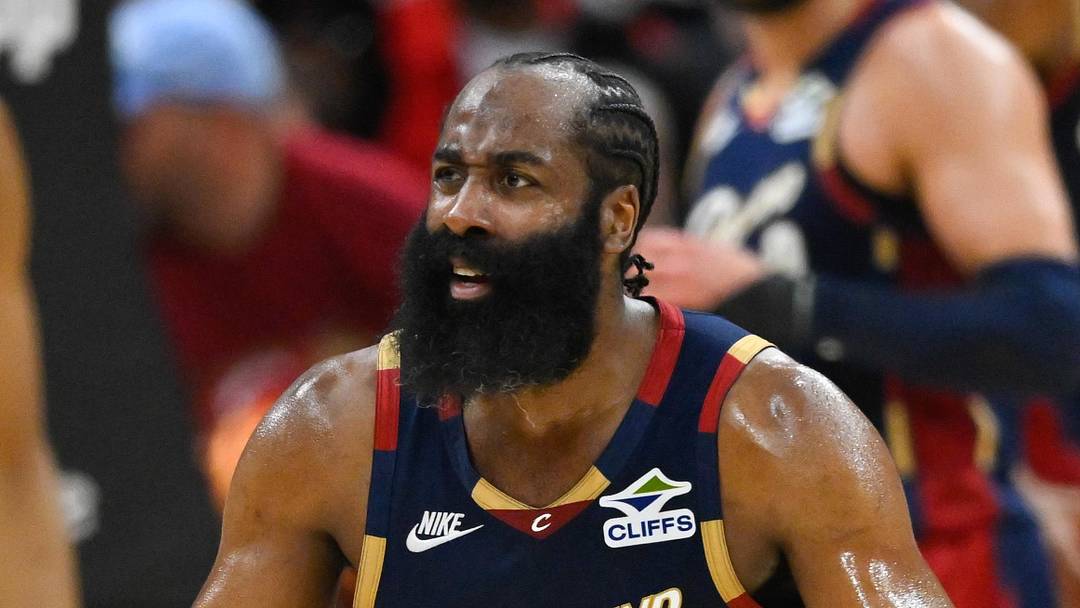 May 23, 2026; Cleveland, Ohio, USA; Cleveland Cavaliers guard James Harden (1) reacts in the second quarter against the New York Knicks during game three of the eastern conference finals for the 2026 NBA playoffs at Rocket Arena. Mandatory Credit: David Richard-Imagn Images