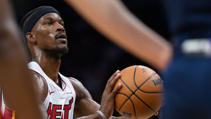 Mar 31, 2024; Washington, District of Columbia, USA; Miami Heat forward Jimmy Butler (22) shoots a