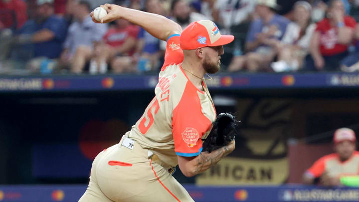 Jul 16, 2024; Arlington, Texas, USA; American League pitcher Garrett Crochet of the Chicago White Sox (45) pitches in the fourth inning during the 2024 MLB All-Star game at Globe Life Field.