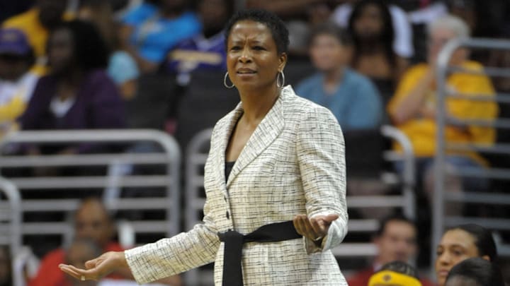 Jun 13, 2010; Los Angeles, CA, USA; Los Angeles Sparks coach Jennifer Gillom during the game against the Minnesota Lynx at the Staples Center. The Sparks defeated the Lynx 88-84. Mandatory Credit: Kirby Lee/Image of Sport-Imagn Images