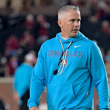 Nov 1, 2025; Tallahassee, Florida, USA; Florida State Seminoles head coach Mike Norvell walks on the field before the game against the Wake Forest Demon Deacons at Doak S. Campbell Stadium. Mandatory Credit: Melina Myers-Imagn Images