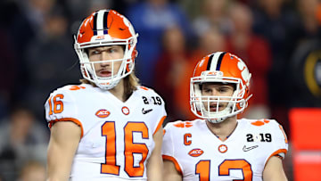 Jan 7, 2019; Santa Clara, CA, USA; Clemson Tigers quarterback Trevor Lawrence (16) and wide receiver Hunter Renfrow (13) against the Alabama Crimson Tide in the 2019 College Football Playoff Championship game at Levi's Stadium. 