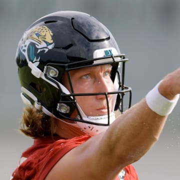 Jacksonville Jaguars quarterback Trevor Lawrence (16) throws a pass during the second day of an NFL football training camp practice session Thursday, July 25, 2024 at EverBank StadiumÕs Miller Electric Center in Jacksonville, Fla.. [Bob Self/Florida Times-Union]