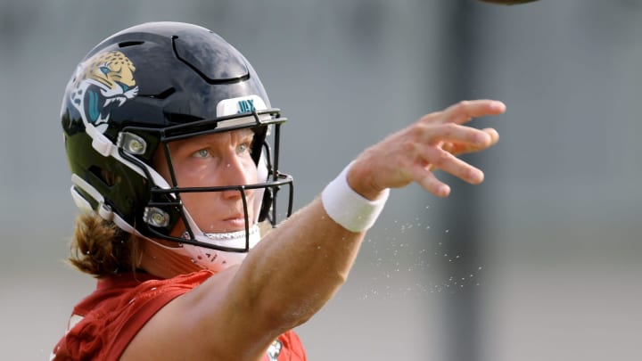 Jacksonville Jaguars quarterback Trevor Lawrence (16) throws a pass during the second day of an NFL football training camp practice session Thursday, July 25, 2024 at EverBank StadiumÕs Miller Electric Center in Jacksonville, Fla.. [Bob Self/Florida Times-Union]