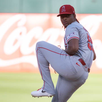 Jul 2, 2024; Oakland, California, USA; Los Angeles Angels pitcher Jose Soriano (59) pitches against the Oakland Athletics during the first inning at Oakland-Alameda County Coliseum. Mandatory Credit: Ed Szczepanski-USA TODAY Sports