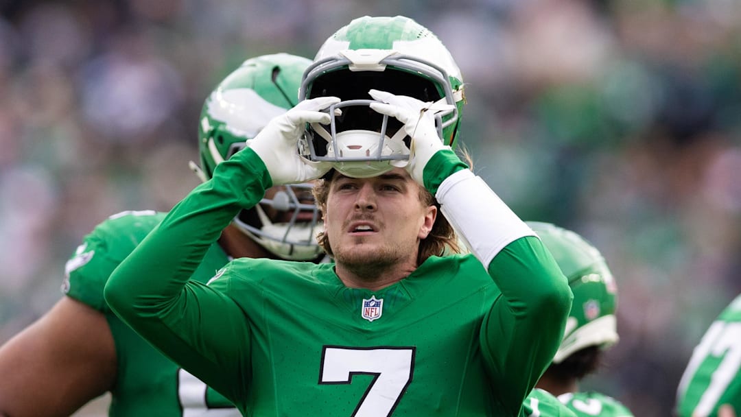 Dec 29, 2024; Philadelphia, Pennsylvania, USA; Philadelphia Eagles quarterback Kenny Pickett (7) looks on during the second quarter against the Dallas Cowboys at Lincoln Financial Field. Mandatory Credit: Bill Streicher-Imagn Images