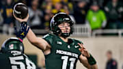 Michigan State's Alessio Milivojevic throws a pass against Michigan during the fourth quarter on Saturday, Oct. 25, 2025, at Spartan Stadium in East Lansing.