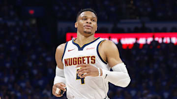 May 18, 2025; Oklahoma City, Oklahoma, USA; Denver Nuggets guard Russell Westbrook (4) runs down the court against the Oklahoma City Thunder in the second quarter during game seven of the second round for the 2025 NBA Playoffs at Paycom Center. Mandatory Credit: Alonzo Adams-Imagn Images