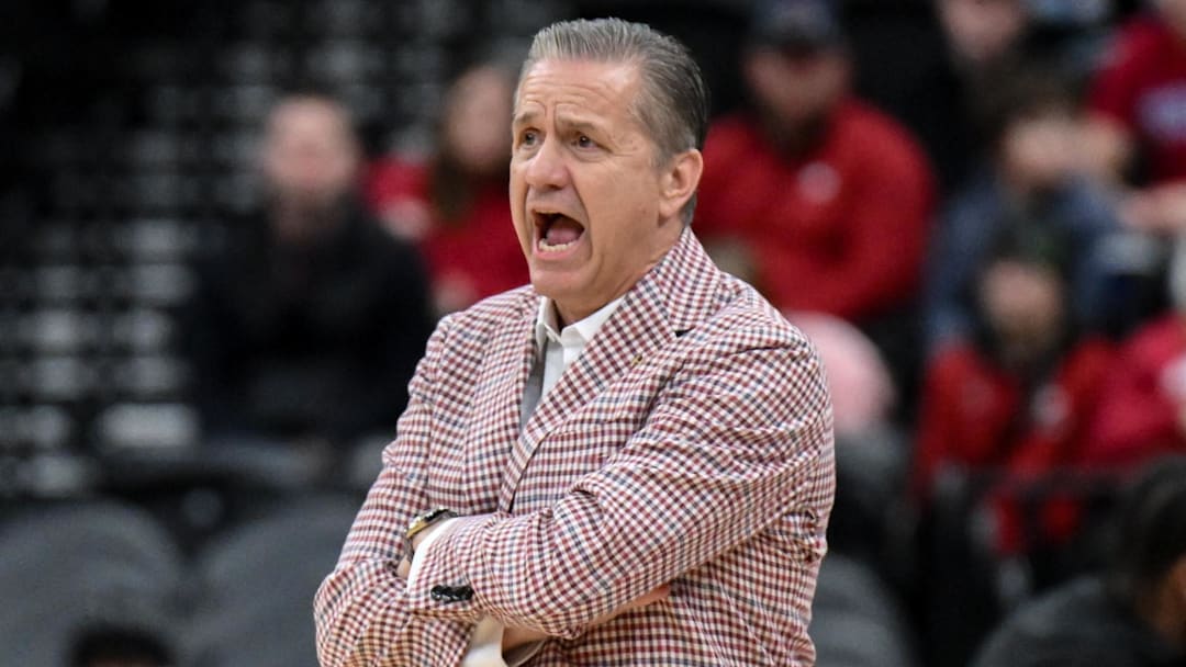 Arkansas Razorbacks coach John Calipari reacts during the first half against the Houston Cougars at Prudential Center.