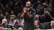 Nov 8, 2023; Brooklyn, New York, USA;  Brooklyn Nets head coach Jacque Vaughn watches the game in the fourth quarter against the LA Clippers at Barclays Center. Mandatory Credit: Wendell Cruz-Imagn Images