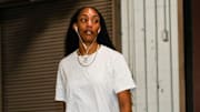 Las Vegas Aces center A'ja Wilson (22) arrives during a game between the Indiana Fever and the Las Vegas Aces at Gainbridge Fieldhouse in Indianapolis.