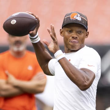 Aug 11, 2023; Cleveland, Ohio, USA; Cleveland Browns quarterback Joshua Dobbs (15) throws the ball during warm ups before the game against the Washington Commanders at Cleveland Browns Stadium. Mandatory Credit: Scott Galvin-USA TODAY Sports
