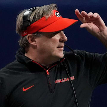 Georgia coach Kirby Smart looks on during the first half of the SEC championship game against Texas in Atlanta, on Saturday, Dec. 7, 2024.