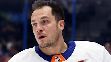 Dec 6, 2025; Tampa, Florida, USA; New York Islanders center Bo Horvat (14) works out prior to the game against the Tampa Bay Lightning at Benchmark International Arena. Mandatory Credit: Kim Klement Neitzel-Imagn Images