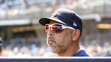 Aug 20, 2023; Bronx, New York, USA;  Boston Red Sox manager Alex Cora (13) looks at the defensive alignment in the first inning against the New York Yankees at Yankee Stadium. Mandatory Credit: Wendell Cruz-Imagn Images