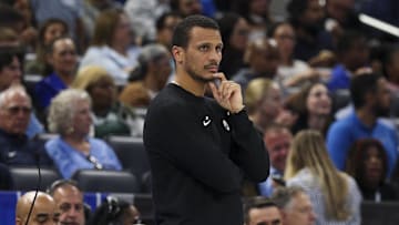 Nov 7, 2025; Orlando, Florida, USA; Boston Celtics head coach Joe Mazzulla looks on against the Orlando Magic in the second quarter at Kia Center. Mandatory Credit: Nathan Ray Seebeck-Imagn Images