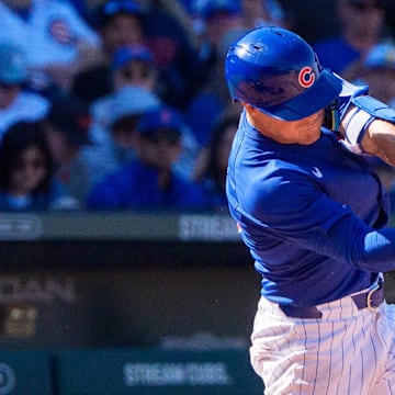 Mar 8, 2025; Mesa, Arizona, USA; Chicago Cubs infielder Matt Shaw (77) at bat in the bottom of the third during a spring training game against the Seattle Mariners at Sloan Park. 