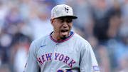 May 17, 2025; Bronx, New York, USA; New York Mets relief pitcher Edwin Diaz (39) reacts after striking out New York Yankees right fielder Aaron Judge (not pictured) to end the game at Yankee Stadium. Mandatory Credit: Brad Penner-Imagn Images