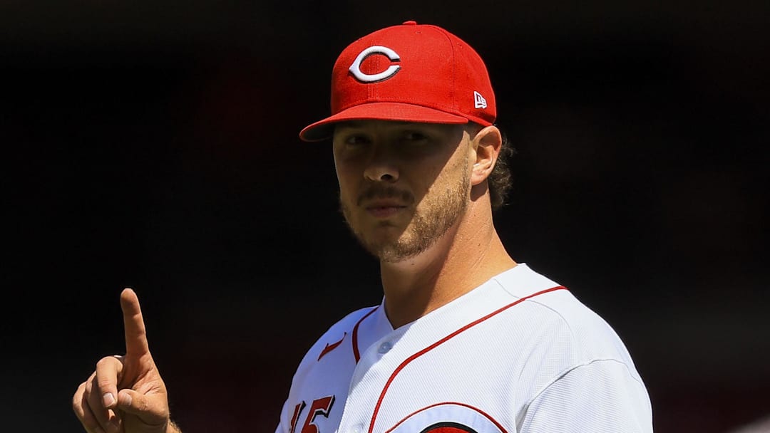 Apr 30, 2026; Cincinnati, Ohio, USA; Cincinnati Reds relief pitcher Emilio Pagan (15) reacts after the victory over the Colorado Rockies at Great American Ball Park. Mandatory Credit: Katie Stratman-Imagn Images