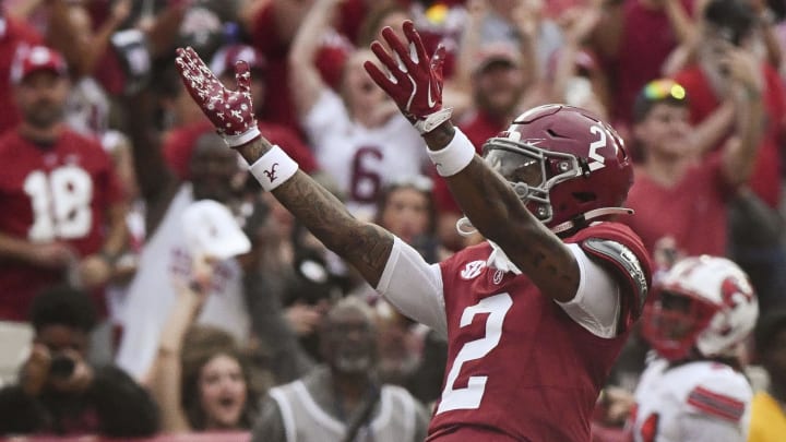 Alabama Crimson Tide wide receiver Ryan Williams celebrates after scoring a touchdown against the Western Kentucky Hilltoppers during the first half at Bryant-Denny Stadium.  