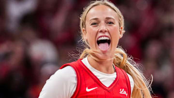 Indiana Fever guard Sophie Cunningham (8) celebrates Friday, July 11, 2025, during a game between the Indiana Fever and the Atlanta Dream at Gainbridge Fieldhouse in Indianapolis. The Indiana Fever defeated the Atlanta Dream, 99-82.