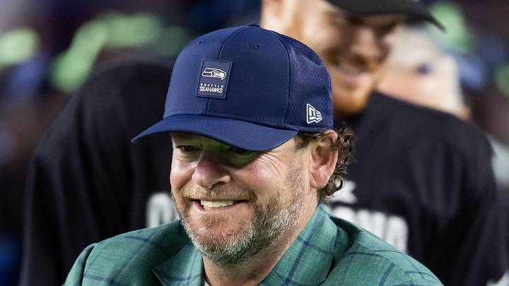 Seattle Seahawks general manager John Schneider celebrates with the Vince Lombardi trophy