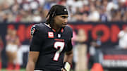 Oct 27, 2024; Houston, Texas, USA; Houston Texans quarterback C.J. Stroud (7) reacts to an injured Texans player as they play against the Indianapolis Colts  in the second quarter at NRG Stadium. Mandatory Credit: Thomas Shea-Imagn Images