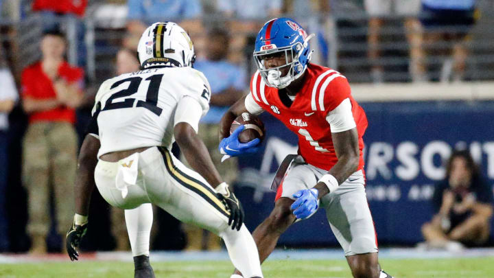 Oct 28, 2023; Oxford, Mississippi, USA; Mississippi Rebels wide receiver Ayden Williams (1) runs after a catch during the second half against the Vanderbilt Commodores at Vaught-Hemingway Stadium. Mandatory Credit: Petre Thomas-USA TODAY Sports