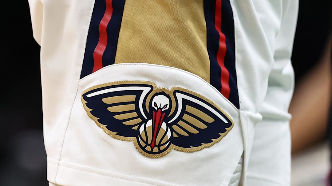 Apr 10, 2026; Boston, Massachusetts, USA; The logo of the New Orleans Pelicans is seen during the second half of the game against the Boston Celtics at TD Garden. Mandatory Credit: Winslow Townson-Imagn Images