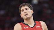 Feb 9, 2025; Houston, Texas, USA; Houston Rockets guard Reed Sheppard (15) reacts after a play during the game against the Toronto Raptors at Toyota Center. Mandatory Credit: Troy Taormina-Imagn Images